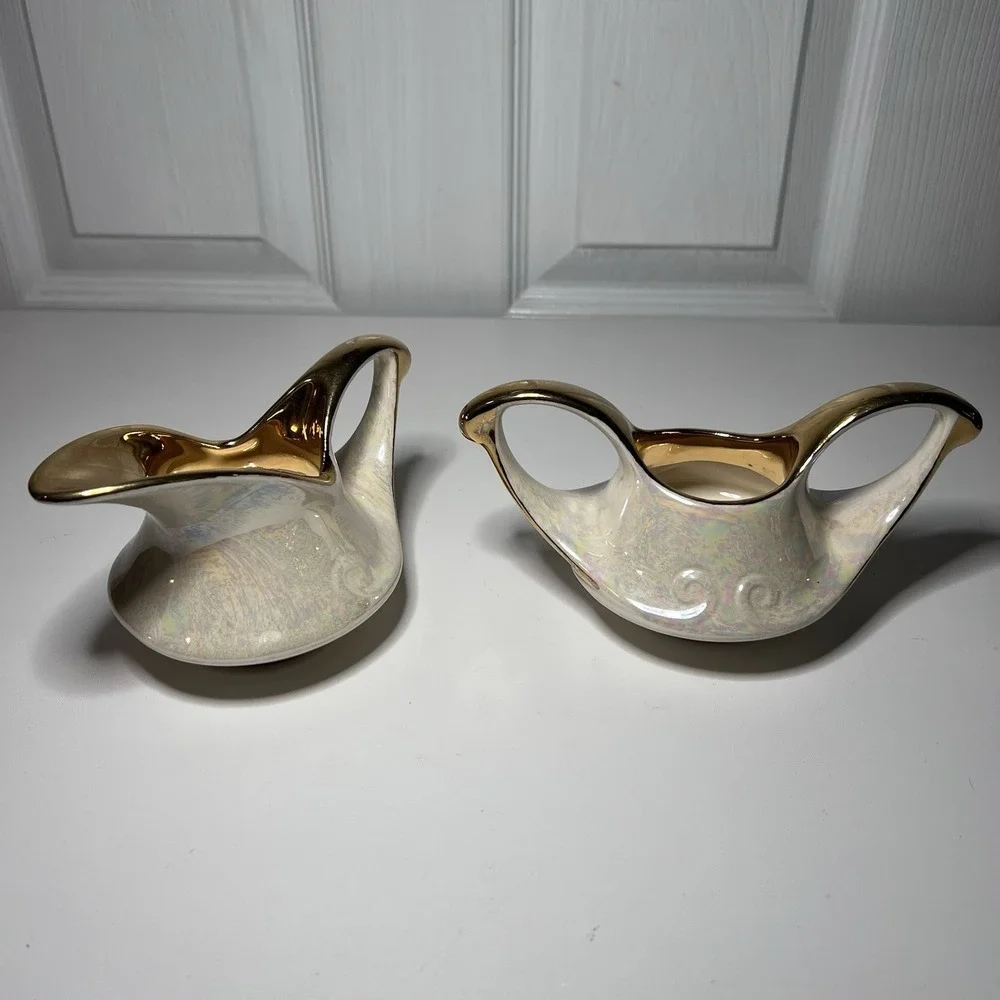 Vtg Pearl China Company Iridescent Lusterware Creamer‎ Sugar 22k Gold Trim